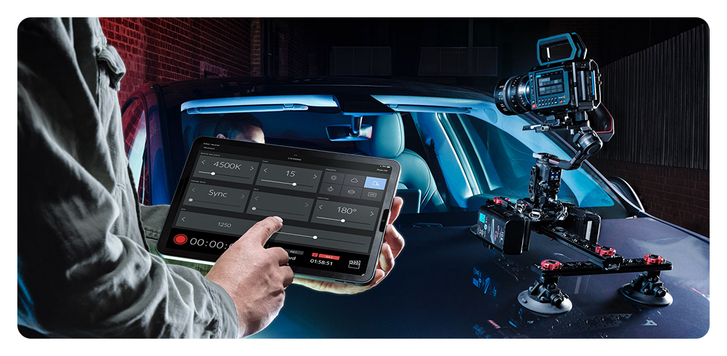 blackmagic pyxis 12k being controlled remotely to film inside a car