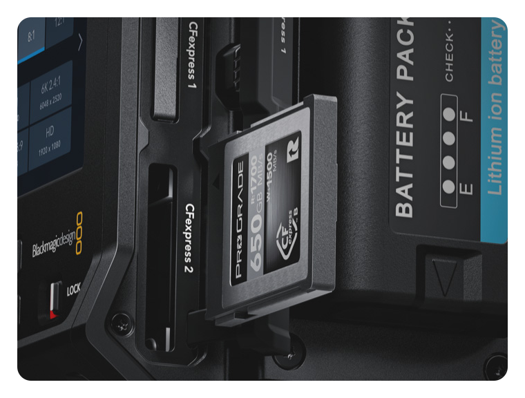 close up of the blackmagic pyxis 12k cfexpress card ports