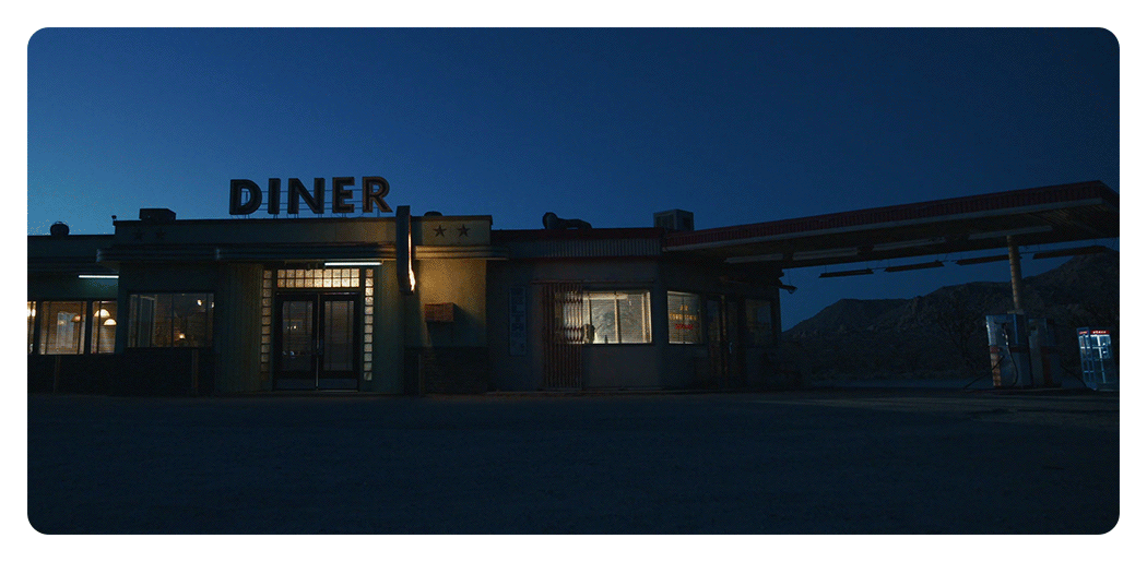 sample footage taken with the blackmagic pyxis 12k showing a diner lighting up at night