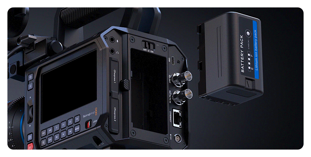battery connecting to the blackmagic pyxis 12k