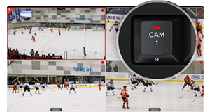 DaVinci Resolve Replay Editor Camera feed buttons with 4 ice hockey video feeds in the background