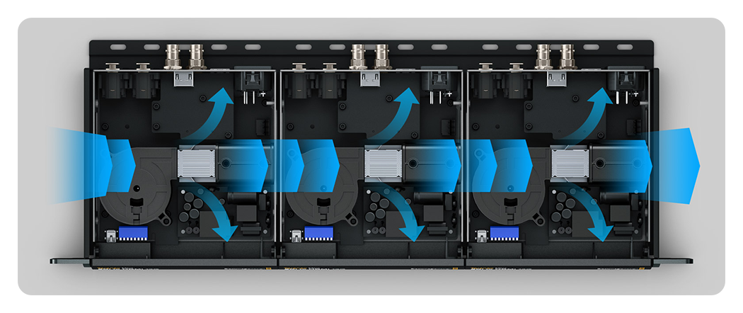 breakdown of the blackmagic converter with blue arrows showing the airflow