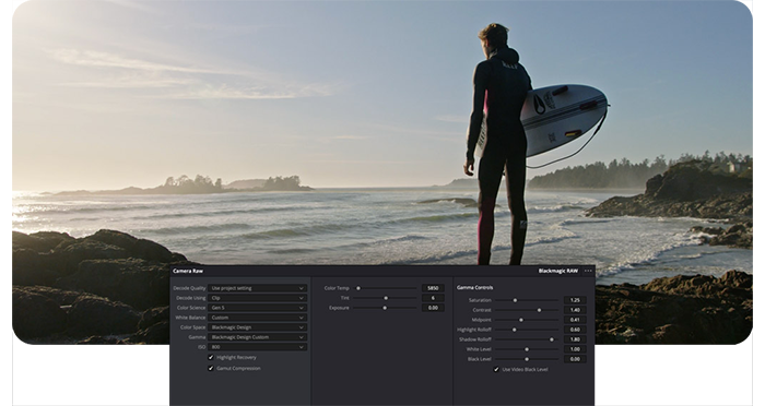 blackmagic raw example with the user interface underneath