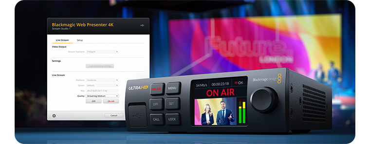 angled blackmagic web presenter 4k with interface behind it