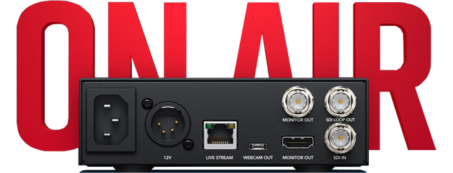 rear view of the blackmagic web presenter with on air in red behind it