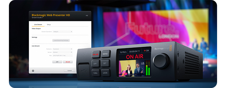 angled blackmagic web presenter hd with live presentation in the background