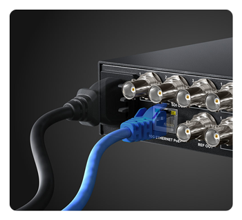 rear view of the blackmagic 2110 ip converter highlighting the power options