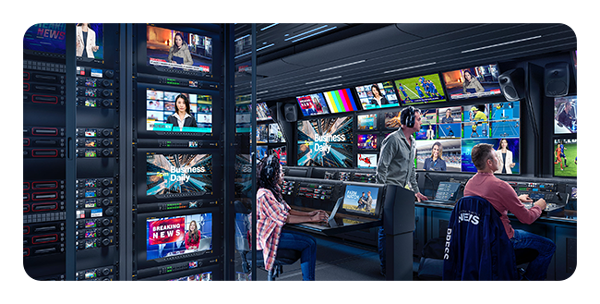 rack mounted Blackmagic 2110 IP converters in a control room