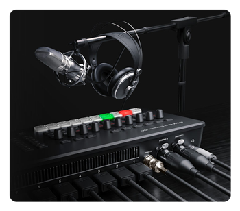headset and microphone above the blackmagic atem