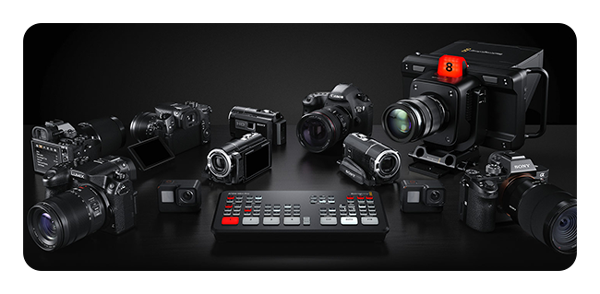 blackmagic atem surrounded by a range of blackmagic cameras