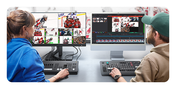 two people working on footage of a ice hockey game using the blackmagic atem and davinici resolve