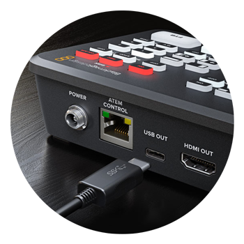 usb-c being connected to the back of the blackmagic atem