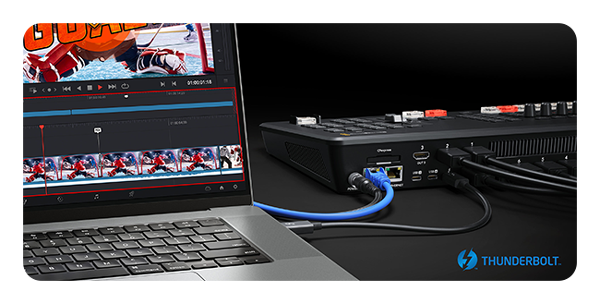 rear view of the blackmagic atem mini extreme iso g2 connected to a laptop