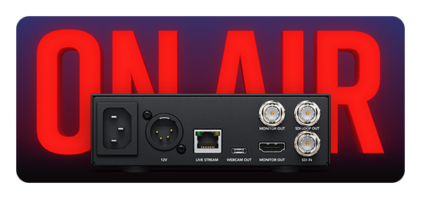 rear view of the blackmagic streaming encoder with the words on air behind it