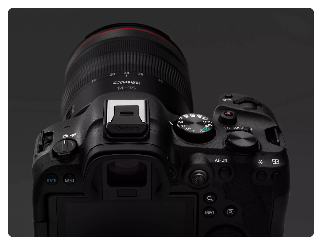 angled top view of the canon r6 mark ii showing the dials on a grey background