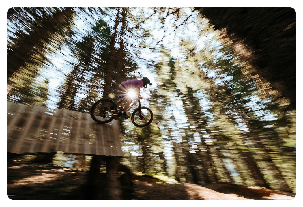 photo of someone riding a bmx through a forrest take on the canon r6 mark ii