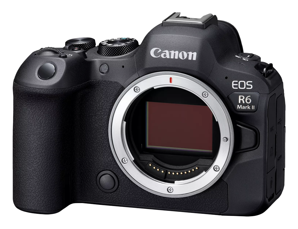 angled front view of the canon r6 mark ii camera body