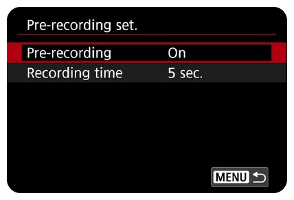 pre-recording interface on the cannon r6 mark ii camera