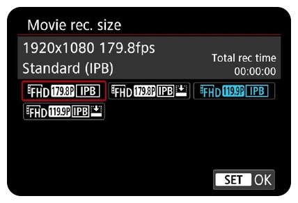 movie rec. size interface on the cannon r6 mark ii camera