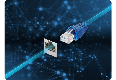 ethernet cable going into a port on a blue background
