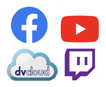 streaming platform logos including facebook, youtube, dvcloud and twitch