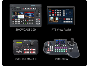 Datavideo PTZ camera controllers alligned on black background