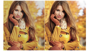 side by side comparison photograph of woman wearing mustard overcoat standing infront of autumnal trees showing noise reduction difference