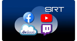 dvcloud, Facebook, Twitch, YouTube and SRT logos on blue cloud background
