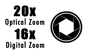 graphic of camera aperture blades with 20x optical zoom and 16x digital zoom text