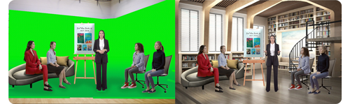 photograph of people standing in chromakey studio set with and without visual effects