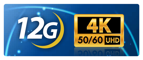 Graphic image with 12g icon and 4K 50/60 UHD resolution black and gold bade on blue background