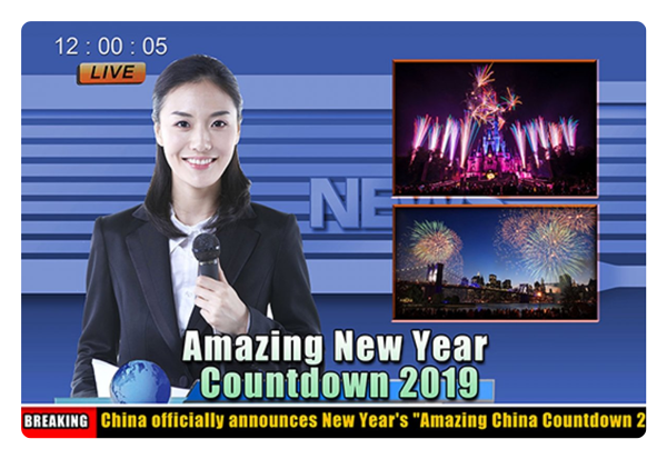 image of female news presenter with lower third graphics and multicamera input feeds