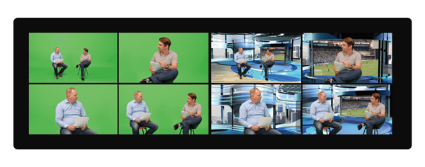 preview 4 way image of two presenters in a greenscreen studio with chromakey background replacement