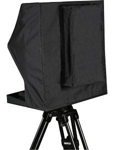 Datavideo TP-900 mounted to a tripod with the fabric cover extended to allow for larger cameras