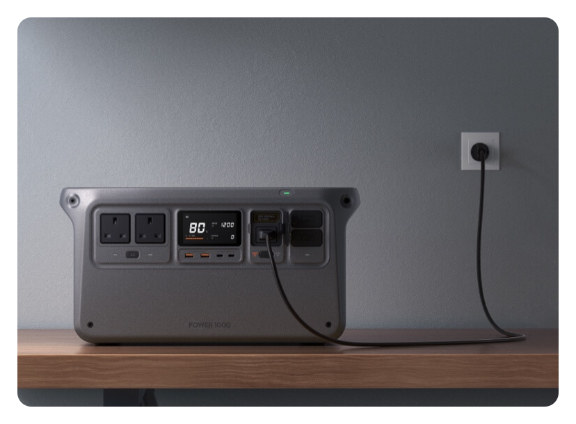 DJI portable power station being charged with mains power