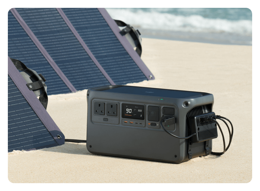 DJI portable power station being charged via solar panels