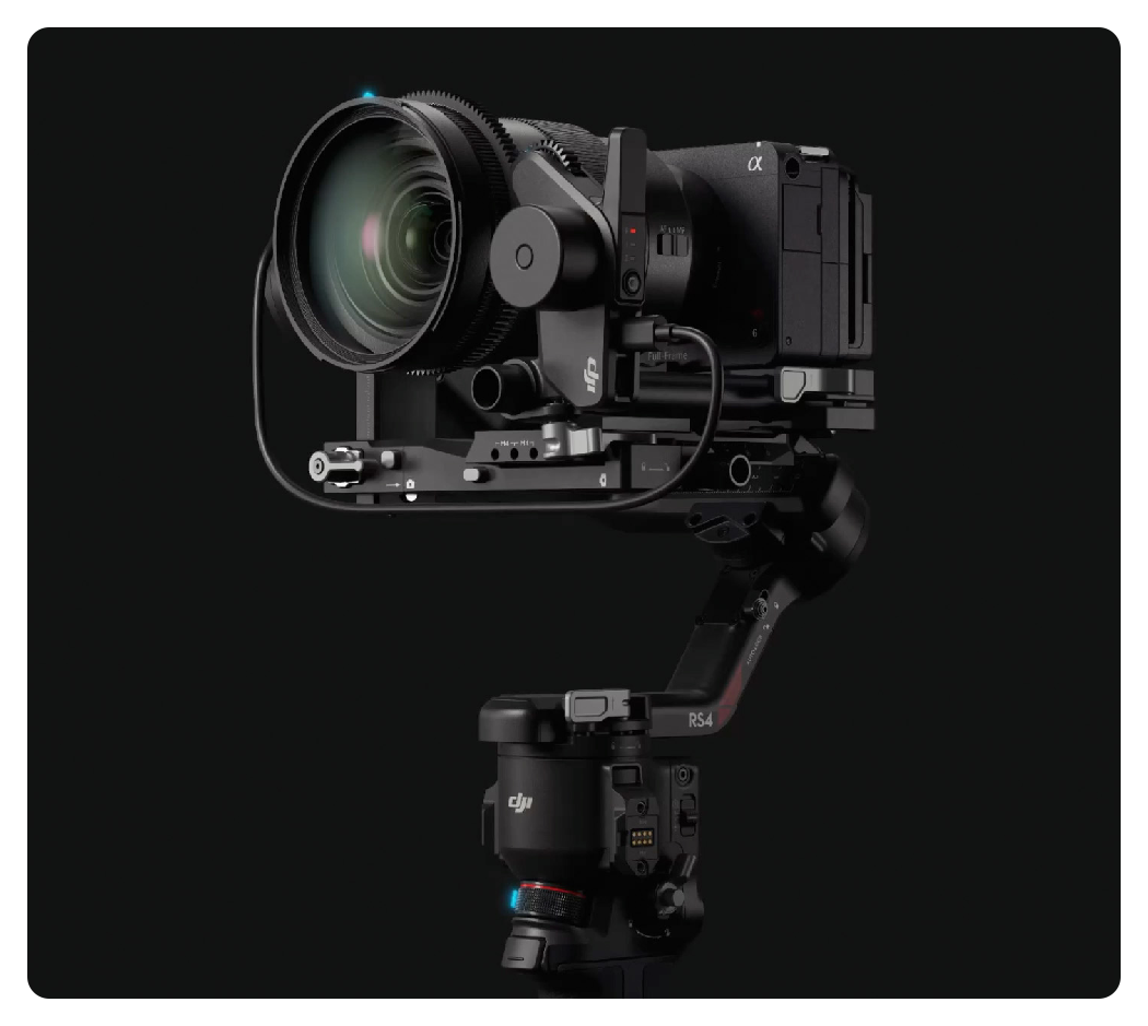 camera attached to the dji rs 4 on a black background