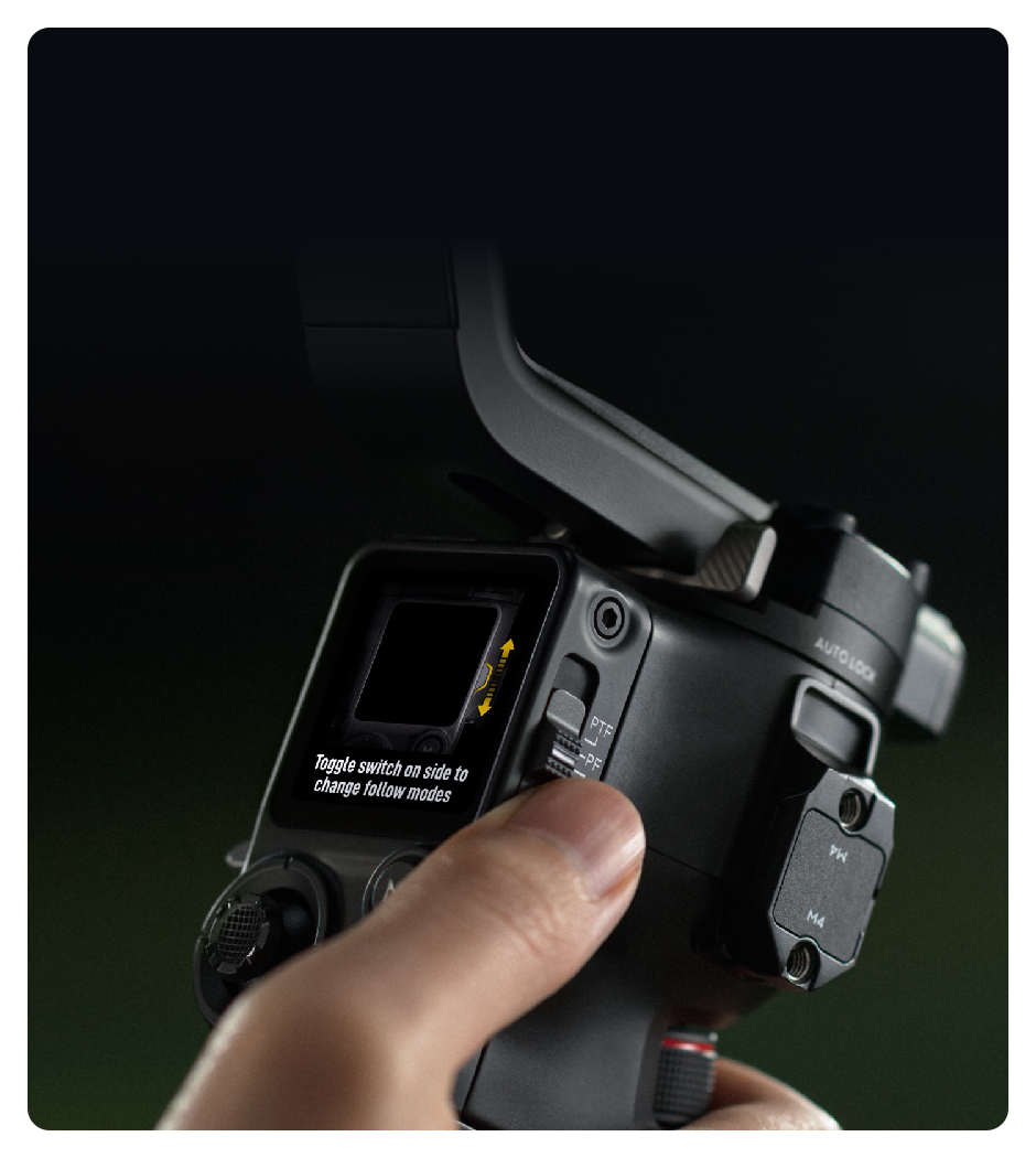 close up of the dji rs 4 gimbal ode switch