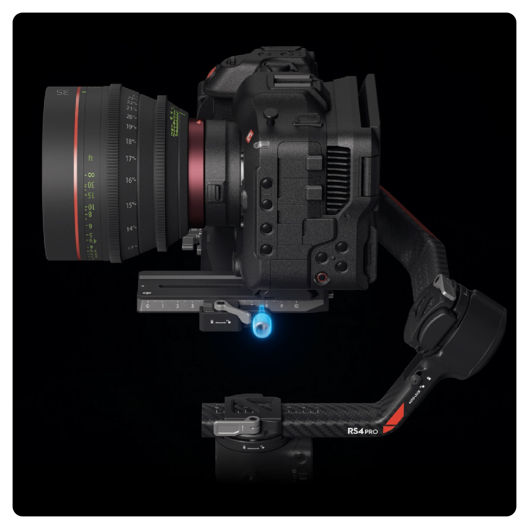 side view of the DJI RS 4 Pro with a camera attached highlighting the fine tuning knob on a black background