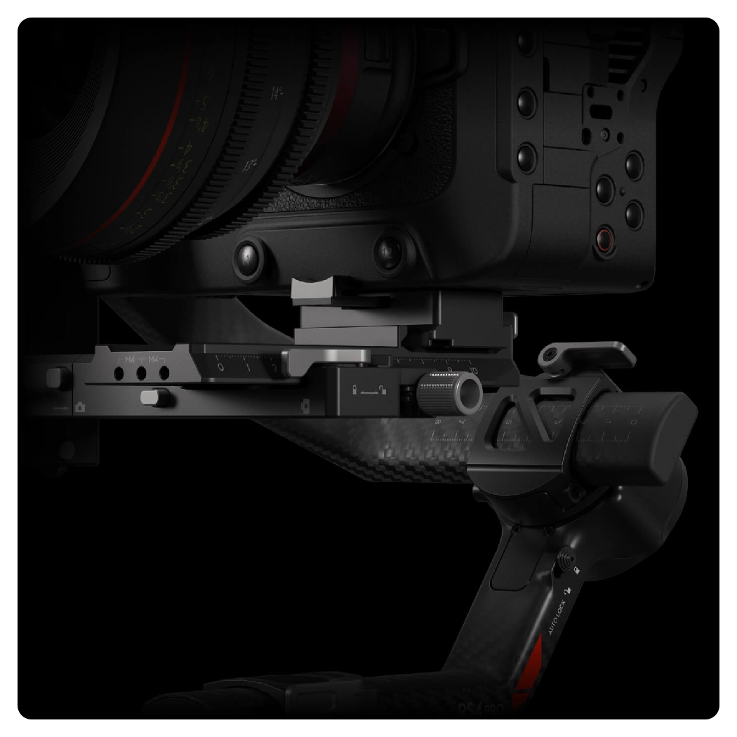 close up of the DJI RS 4 Pro quick release plate on a black background