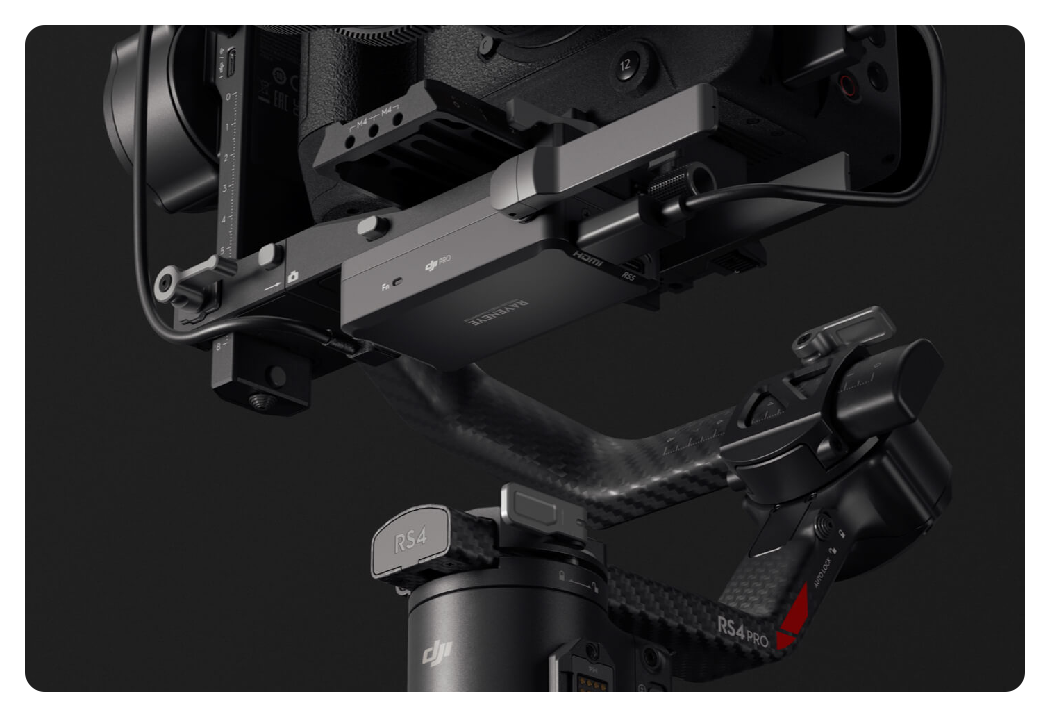 close up of the bottom of the DJI RS 4 Pro on a grey background