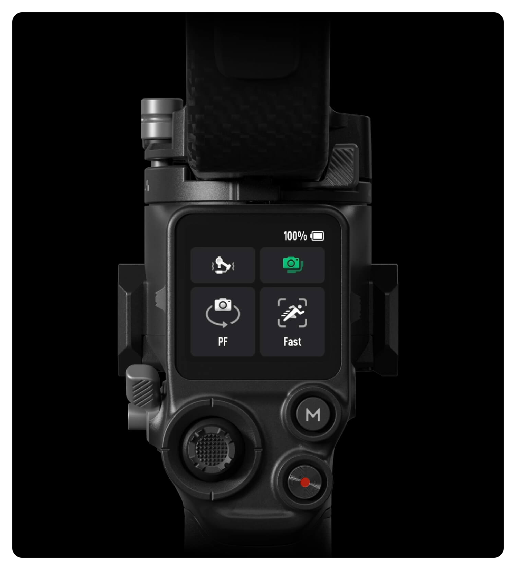 close up of the DJI RS 4 Pro oled touchscreen on a black background
