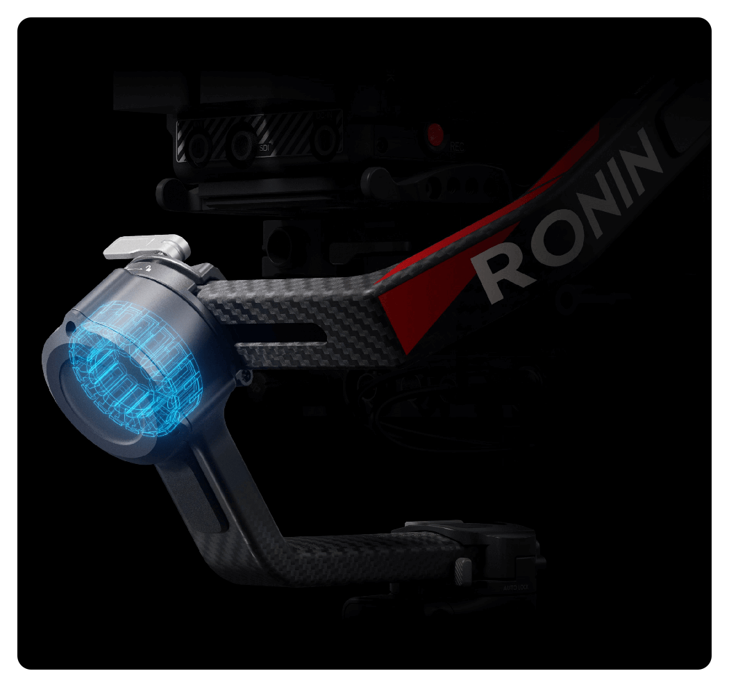 close up of the DJI RS 4 Pro highlighting the motor on a black background
