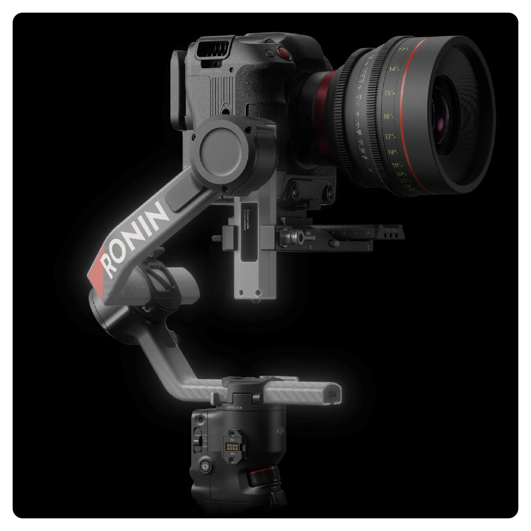 side view of the DJI RS 4 Pro with a camera attached on a black background