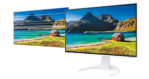 illustration of EIZO monitor showing flicker free imge of red building standing on a beach
