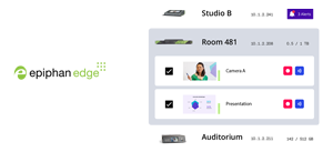 Epiphan Edge software window screenshot with studio and room video feeds