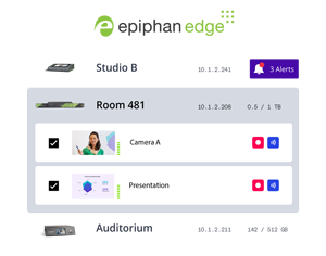 Epiphan Edge software window screenshot with studio and room video feeds