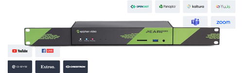 Epiphan Pearl Nexus with YouTube Facebook Live, Microsoft Teams, Zoom, Panopto, Crestron, Q-Sys logos