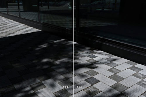 split comparison photograph of herringbone floor infront of glass fronted building