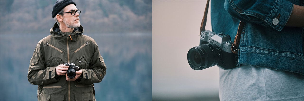 images of photographer holding Fujifilm X-T50 wearing green jaket and close up of camera against photographer hip